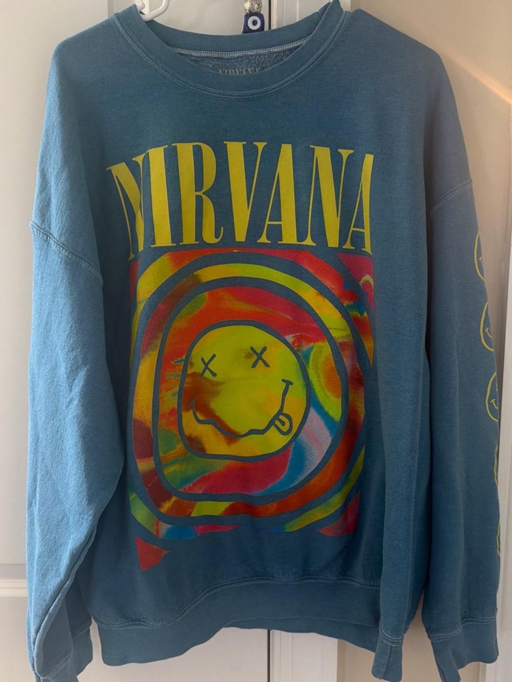 NIRVANA Teal Crewneck with Multicolor Psychedelic Graphic